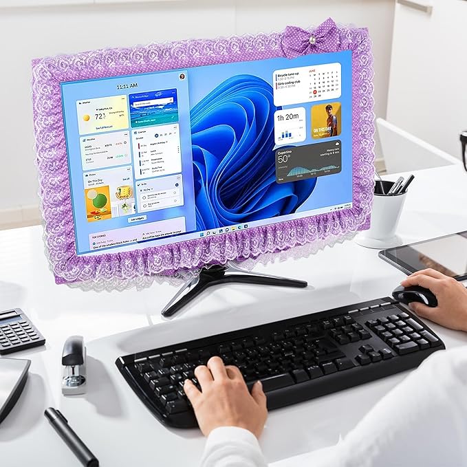 2 Pack Cute Computer Monitor Cover, 23''-26'' Elastic Monitor Dust Cover with Bow Knot, Lovely Monitor Accessories Screen Monitor Decoration for Tablet (Purple)