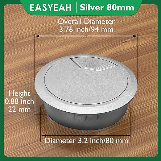 EASYEAH 2 Pcs Desk Grommet 3-1/8" / 80 mm, Desk Cord Hole Cover, Cable Grommet ABS Plastic, Desk Hole Grommet for Home & Office Pc, Detachable Adjustable Cable Cord Organizer-Silvery