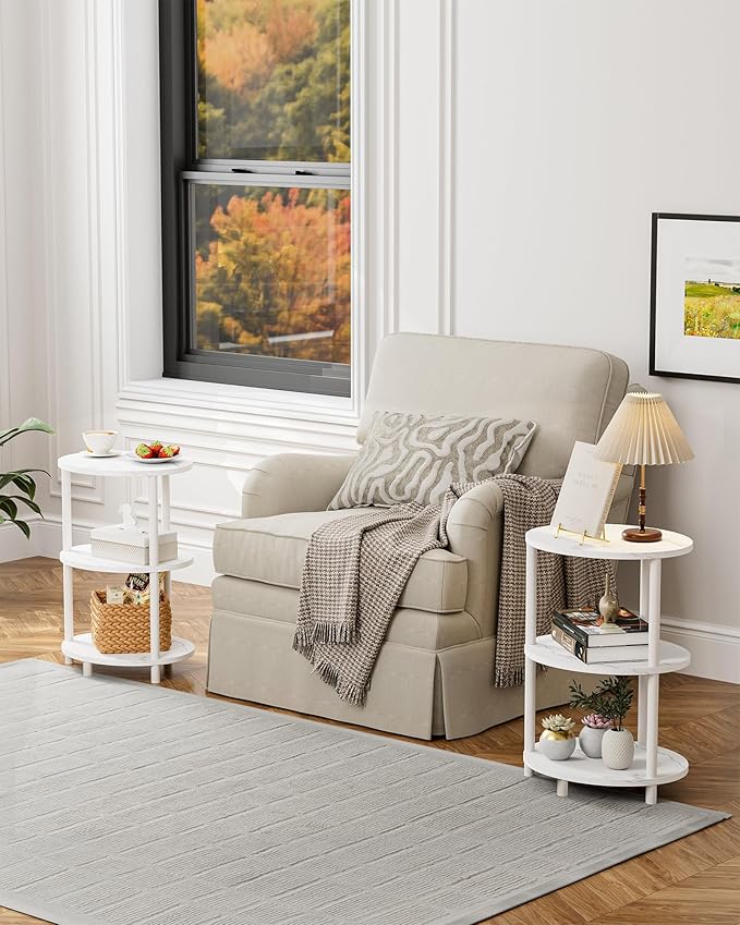 Round Pedestal End Table - 3-Tier Oval Accent Table for Small Spaces, Rustic Wood and Metal Couch Side Table, Nightstand for Bedroom or End Table Living Room, Easy to Assemble, Marble White