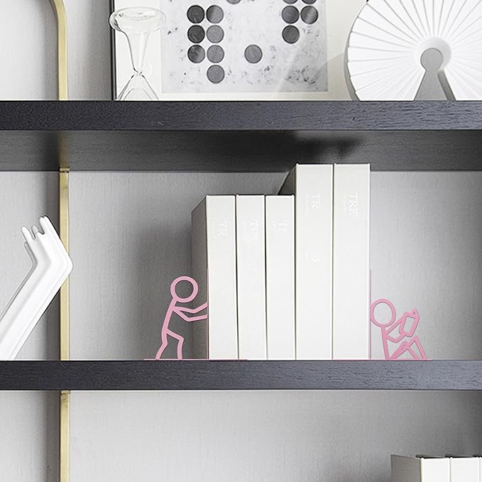 Metal Unique Office Desk Bookends Bookends Decorative Cute Book Ends Reading Decor Bookshelf Decor for Office School Library Bedroom, Book Lovers Gift(Pink)