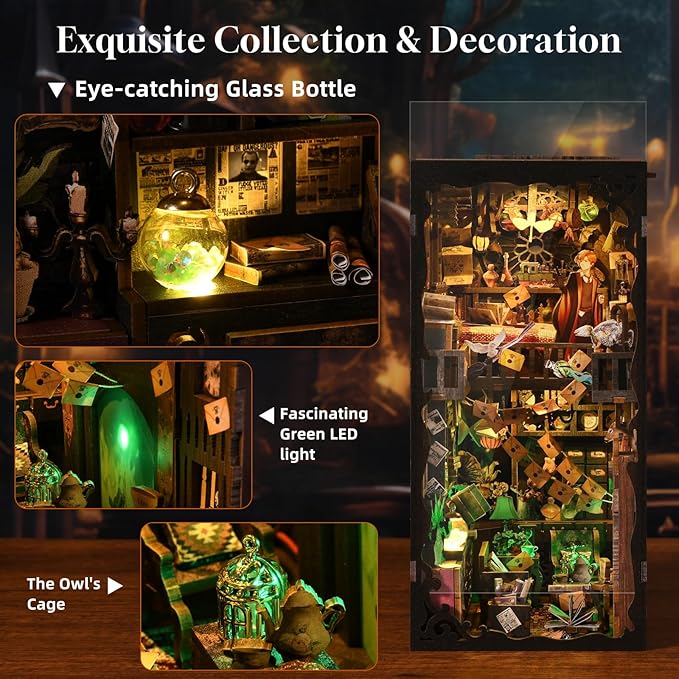 TOYQI Book Nook Kit, Book Nook Kits for Adults, DIY Miniature Dollhouse Kit 3D Wooden Puzzle Booknook Bookend with LED Light