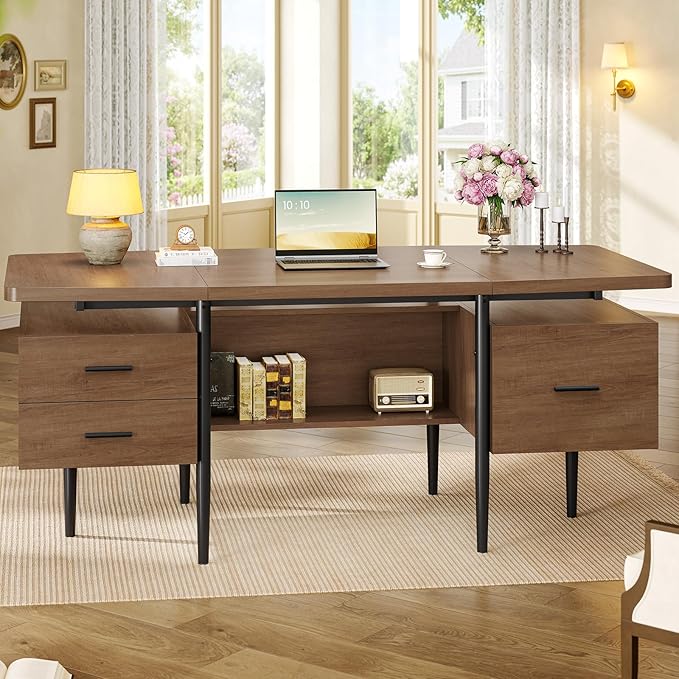 70.9" Modern Executive Desk, Wooden Computer Desk with 2 Drawers and File Drawer, Privacy Panel & Open Storage Shelf, Large Home Office Writing Desk, Brown