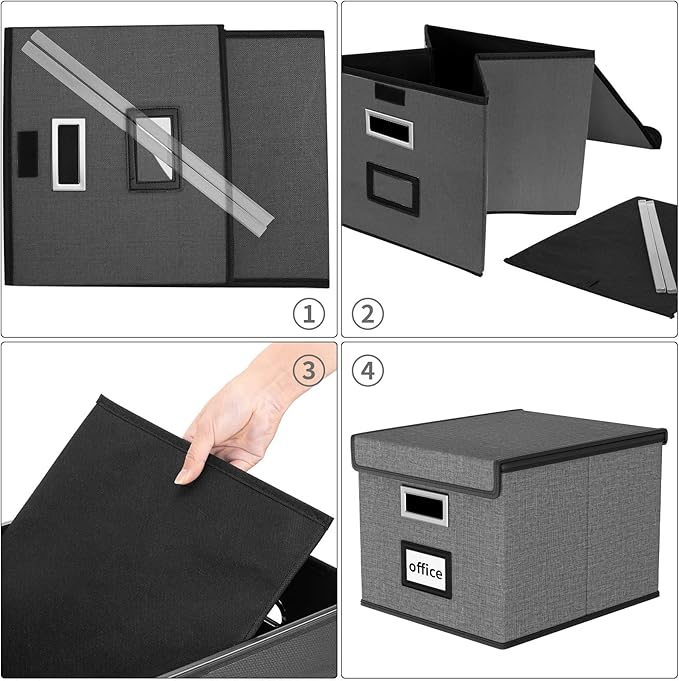 File Organizer Box with Lid, Collapsible File Folder Organizer for Office Document Storage, Filing Box with Plastic Slide for Letter/Legal Size Hanging Files, Dark Grey