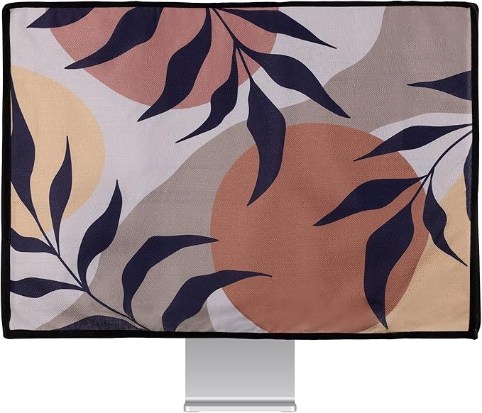 kwmobile Dust Cover for 24-26" Monitor - Linen Monitor Protector with Design - Leaves and Pattern Black/Brown/White
