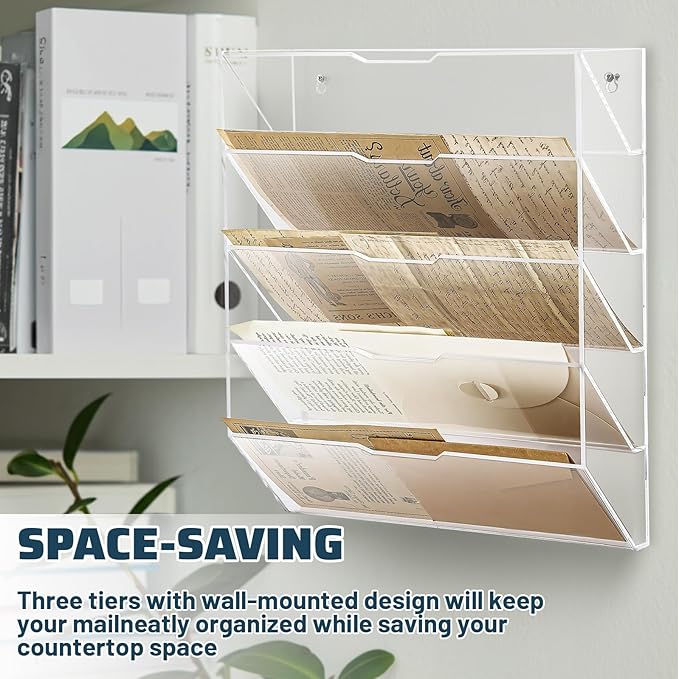 Chunful 5 Tier Mail Sorter Letter Wall Holder Clear Acrylic Wall Mounted Mail Organizer Hanging File Envelope Pocket Plastic Mount Document Holder for Home Office Entryway