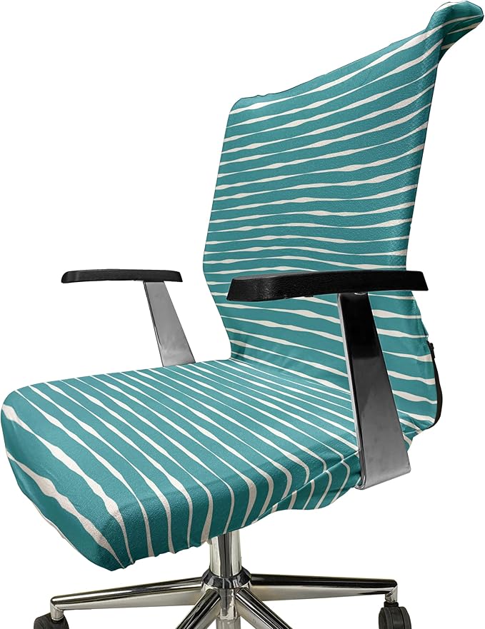 Ambesonne Teal Stripe Office Chair Cover, Horizontal Wavy Lines in Monochrome Design Hand Drawn Like Design Pattern, Stretchable Decorative Universal Size High Back Printed Slipcover, Teal White