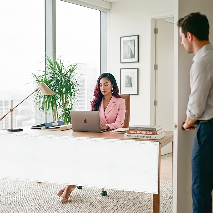 60" Under Desk Privacy Panel White Self-Adhesive Modesty Panel 600D Heavy Duty Desk Skirt Privacy Divider for Office Home or Standing Workstation Concealer Shield