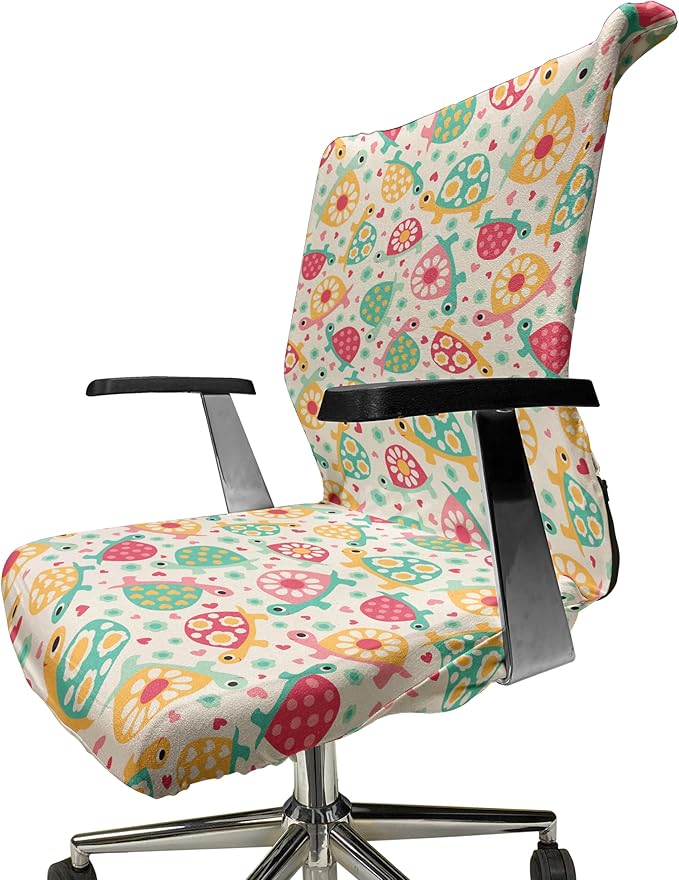 Ambesonne Turtle Office Chair Cover, Colorful Design Groovy 90s Floral Boho Ornate Delicate Animals Hippie Feels, Stretchable Decorative Universal Size High Back Printed Slipcover, Teal Magenta