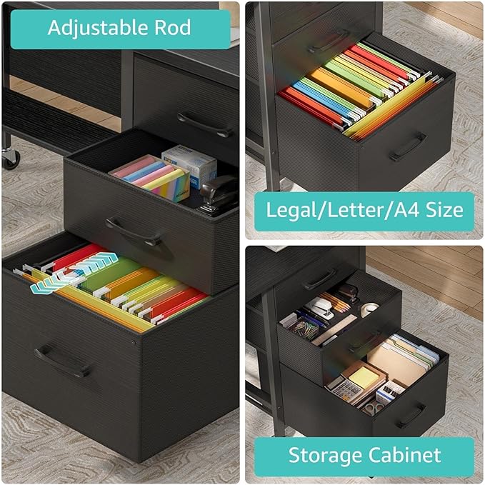 Rolling Teacher Desk with File Drawer & Privacy Panel, 47" Mobile Computer Desk with 3 Storage Drawers on Wheels, Modern Office Desks with File Cabinet for Classroom & Home Office, Black