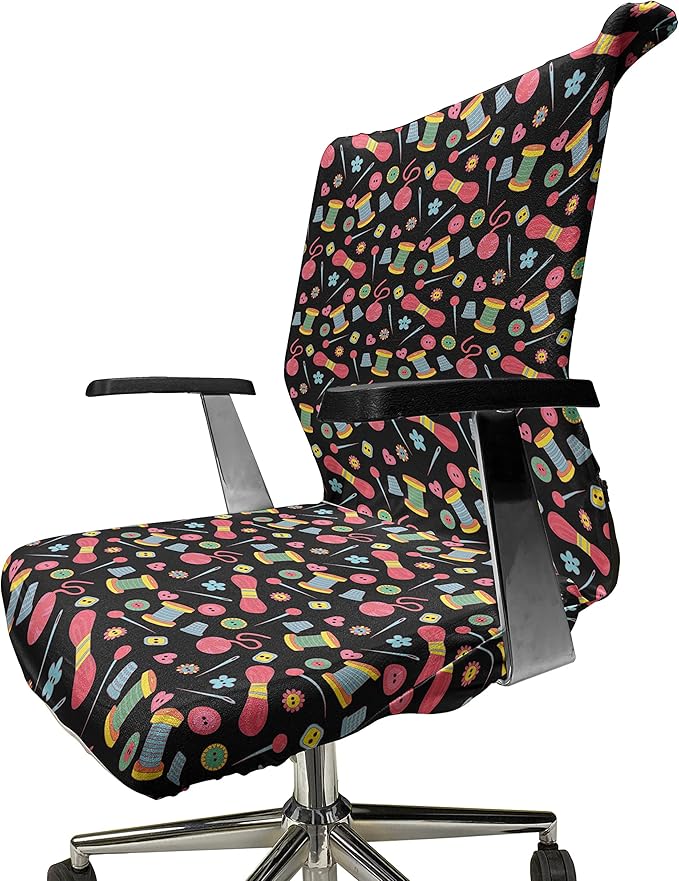 Ambesonne Hobby Office Chair Cover, Colorful Sewing Tools on The Dark Background Handicraft Needlework Knit Theme, Stretchable Decorative Universal Size High Back Printed Slipcover, Multicolor Pink