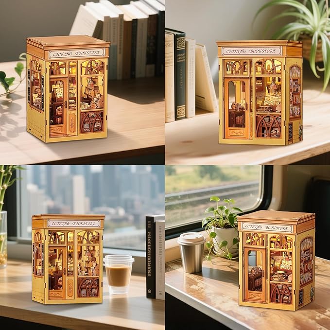Fsolis Book Nook Kit - DIY Miniature Dollhouse Kit 3D Puzzles for Adult Beginners Tiny House Mini Booknook Craft Bookshelf Decor, 156 Wooden Pieces, Gifts for Women Teenagers (Cooking Bookstore)