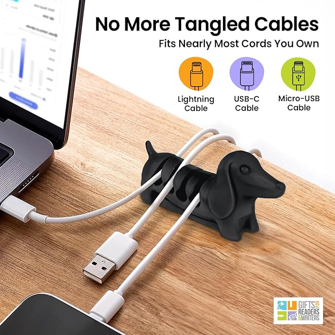 Gifts for Readers & Writers Cord Organizer, Office Desk Organizing & Cable Management Accessory, Kord Keeper Dog, Weighted Wire Holder to Organize Phone & Device Charger Cords, Light Gray