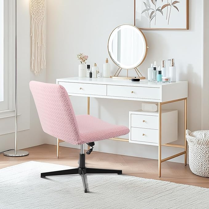 Criss Cross Chair Cover Pink, 2pcs Armless Vanity Swivel Office Computer Desk Chair Fuzzy Cover, Cross Legged Slipcover Mid Back Wide Seat Covers No Wheels for Bedroom(Only Covers, No Chairs)