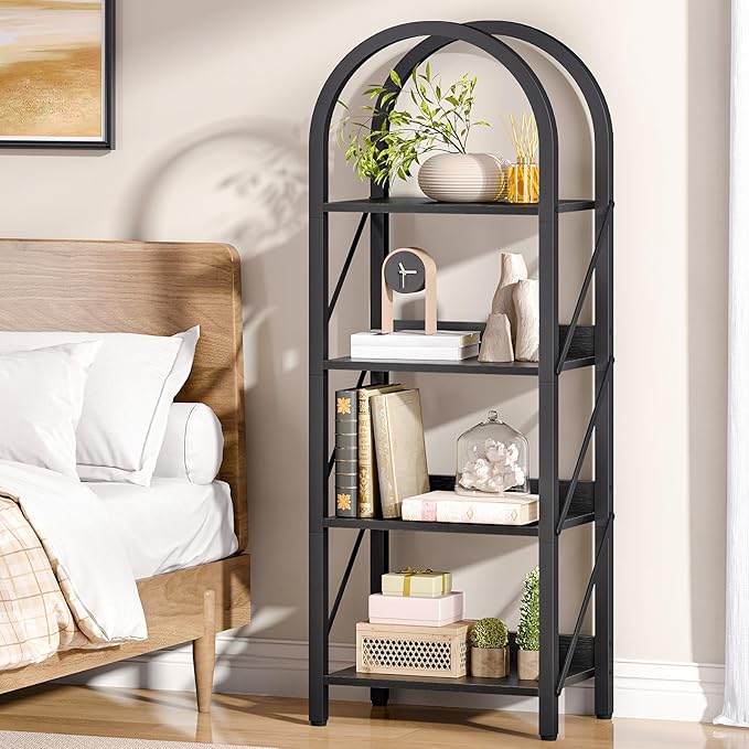 HOOBRO Bookshelf, 4-Tier Arched Bookshelf, Industrial Bookcase with Metal Frame, Small Book Shelf Storage Organizer for Living Room, Office, Bedroom, Black BB424SJ01