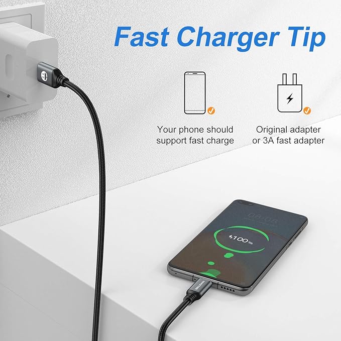 USB Type C Cable (5-Pack 3FT) - Nylon Braided Fast Charging for iPhone 15/16/17 & Samsung Galaxy Note S20 S10 S9 S8 Plus LG V50 V40 G8 G7 | Car Charger For iPhone | USB-A to USB-C | CarPlay Compatible