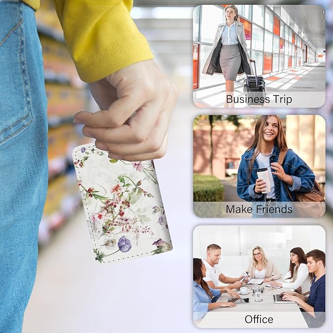 Business Card Holder,PU Leather Business Card Case Color Printing Pattern Card Holder Wallet,Pockets Magnetic Credit Card Holders for Men and Women - White Flowers