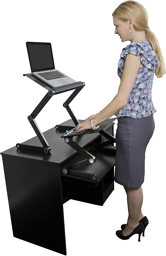 WorkEZ Adjustable Standing Desk Converter w/2 Fans & 3 USB Ports, Sit to Stand Desk Riser Monitor Standing Computer Desk, Height & Angle Negative Tilt