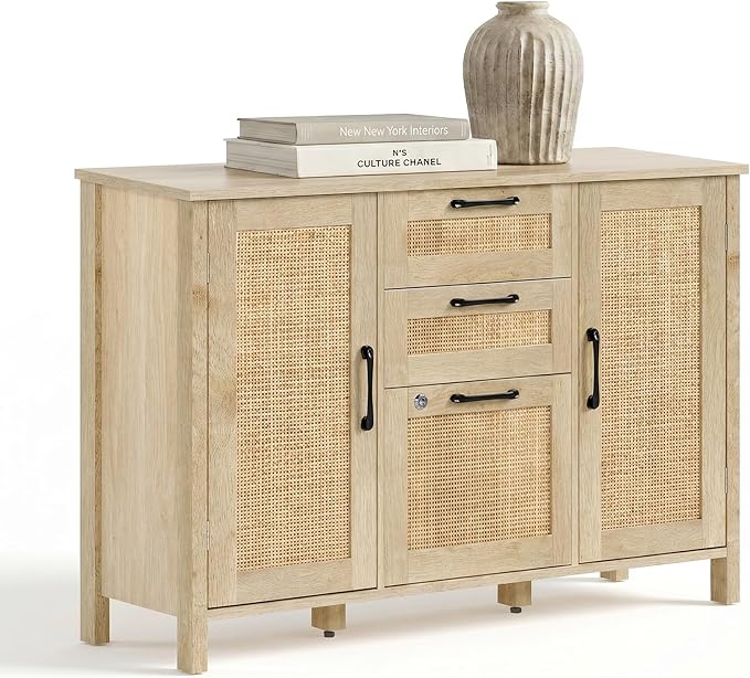 Lateral File Cabinets for Home Office, 3 Drawer and 2 Doors Filing Cabinet with Lock, Wide Rattan Filing Organization Cabinets with Printer Stand, Adjustable Storage Shelves/Hanging Bars, Natural Wood
