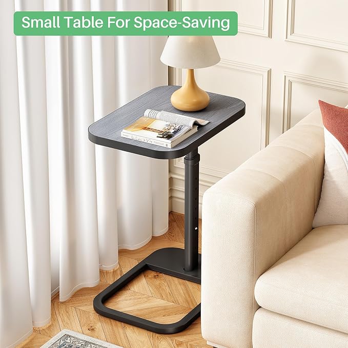 Kitstorack Adjustable Height C-Shaped End Table, 9-Level Side Table with Metal Rounded Edge, Couch Table that Slides Under Sofa or Bed, Eating, Working, and Drinks, TV Tray for Small Space, Dark Gray