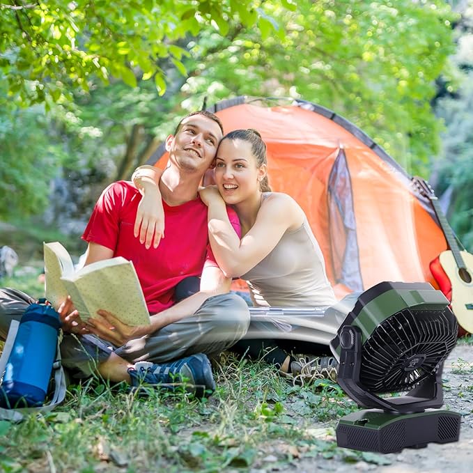WESTTREE Camping Fan 20000mAh Rechargeable Battery Operated fan Outdoor Tent Fan with Light & Hook, knob Speeds, Personal USB Desk Fan for Camping, Power Outage Jobsite Green X68