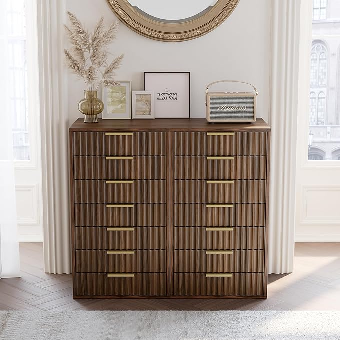 7 Drawer File Cabinet, Wooden Office Cabinet with Drawers, Fluted Storage Filing Drawer for Home Office,Black Walnut