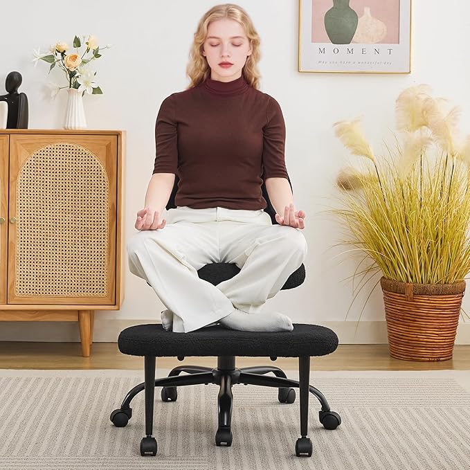 Ergonomic Criss Cross Legged Office Chair, ADHD Chair, Wide Height Adjustable Seat 360° Swivel Footstool with Wheels, PU Leather Meditation Kneeling Chair, for The Restless Home Workers, Black
