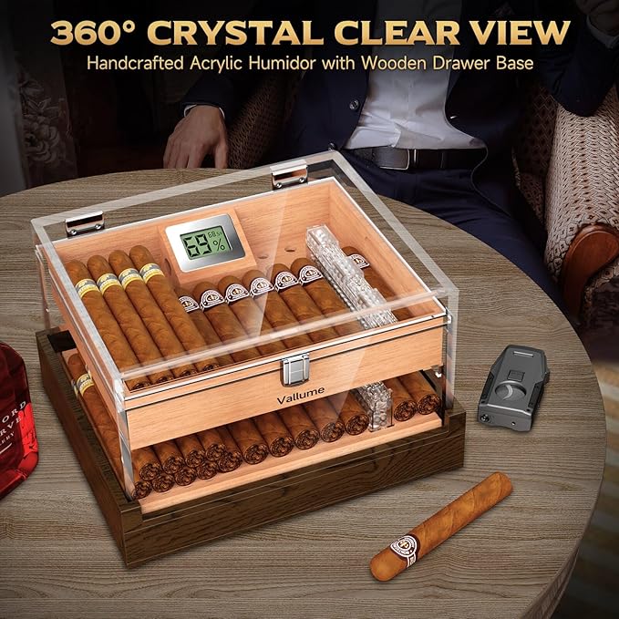 VALLUME Acrylic Humidor Box,High-Definition Transparent Cigar Case,Lock Latches and 90-Degree Opening Hinges Cigar Box,Cigar Accessory Drawer,Digital Hygrometer and Humidifier,Holds About 50-60 cigars