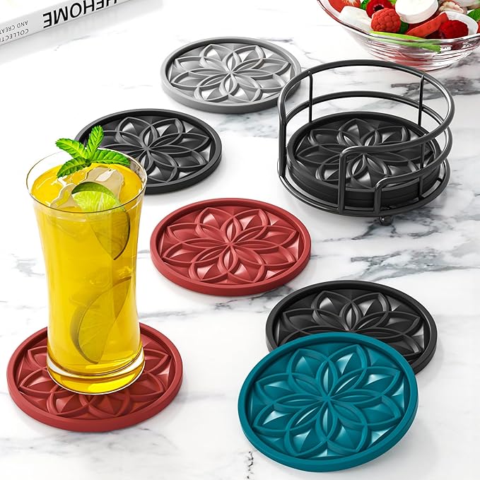Drink Coasters Set of 6 Packs with Holder, HFHOME Round Black BPA Free Silicone with Non-Slip Bottom Fits Any Size Cup Mug or Glasses (Black)