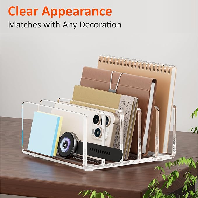 FUCDTEFC Desk Mail Organizer, 5 Section Clear Acrylic File Holder Letter Organizer, Vertical Lightweight Modern Envelope Holder Desk Accessories & Workspace Organizers for Office, Home, School