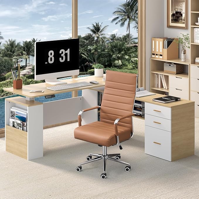 JOMEED 63" L Shaped Electric Standing Desk with Storage, Executive Adjustable Height with Power Outlets and Privacy Panel,Oak and White