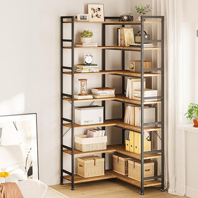 Casaottima Corner Bookshelf 7 Tier, 76 Inches Reversible Book Shelf for Living Room, Industrial Wooden Bookcase with Open Shelves and Metal Frame for Bedroom, Home Office, Kitchen, Vintage