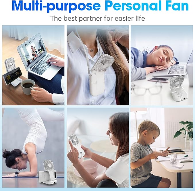 USB Rechargeable Upgraded 5-in-1 Portable Handheld Fan, Necklace Fan, Desk Fan, Foldable Phone Stand, 4 Speeds Airflow, Quiet Personal Fans with LED Digital Screen (White)