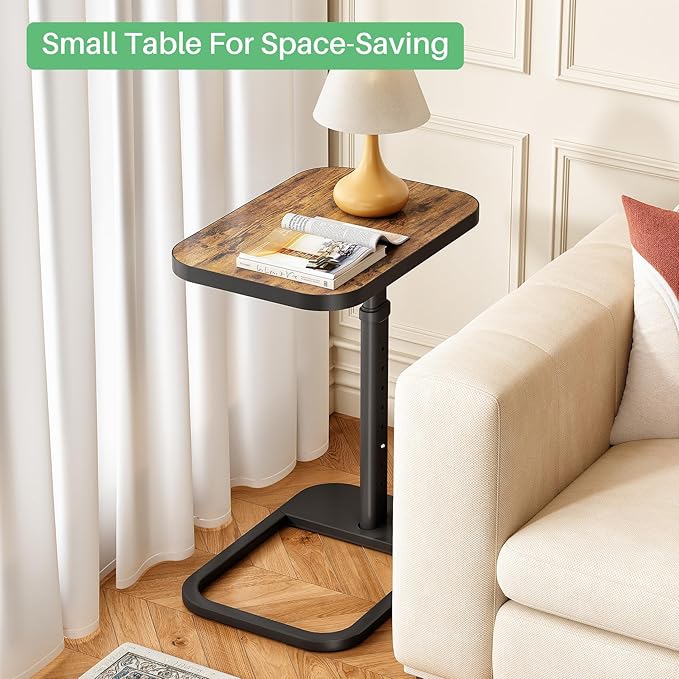 Kitstorack Adjustable Height C-Shaped End Table, 9-Level Side Table with Metal Rounded Edge, Couch Table that Slides Under Sofa or Bed for Eating, Working, and Drinks, TV Tray for Small Spaces, Brown