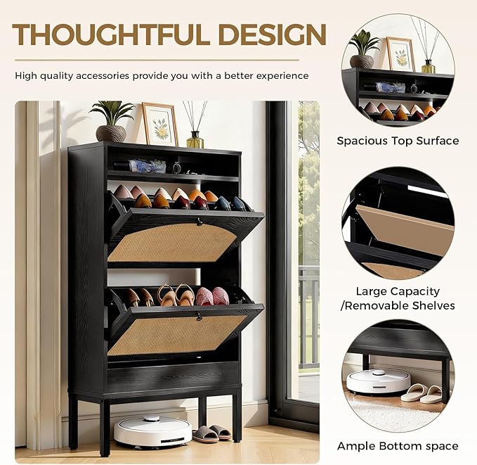 LUCKLIFE Shoe Cabinet with Charging Station, Flip Down Shoe Storage Organizer with Adjustable Shelves, Hidden Slim Shoe Rack with Anti-Tip Kit for Entryway or Hallway, Black Wood