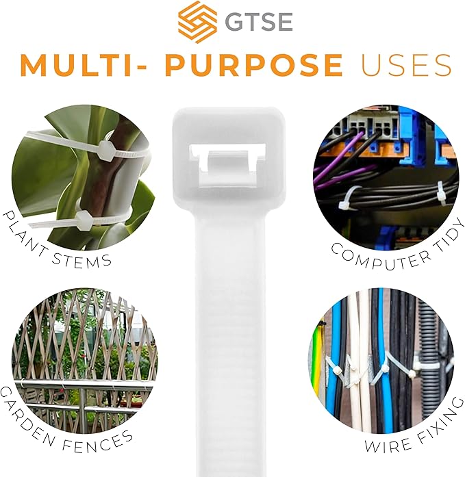 GTSE 8 Inch White/Clear Zip Ties, 100 Pack, 50lb Strength, UV Resistant Strong Nylon Cable Ties, Self-Locking 8" Tie Wraps