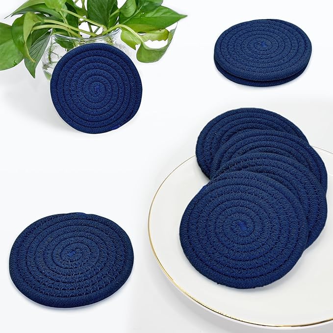 ABenkle Drink Coasters with Holder Set of 10, Cotton Woven Absorbent Coasters for Drinks, Minimalist Home Decor Coaster Set for Wooden Tabletop Protection Table, 4.3 inches