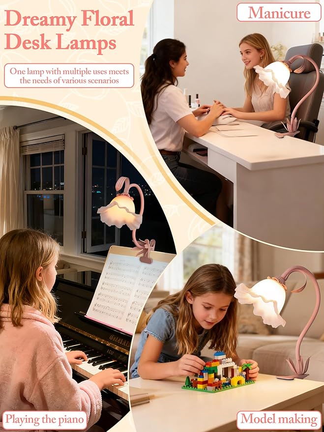 Clip on Light,Flower Desk Lamp,360°Rotation Gooseneck LED Reading Lights,Floarl Bedside Lamps,3 Colors Modes Book Lights Eye-Caring for Bedroom Bed Headboard Office Home Lighting Table Lamp(Pink)