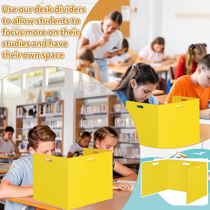 24 Pcs Desk Dividers for Students Classroom Plastic Privacy Folders Yellow Test Dividers for Students Desks Trifold Privacy Panel Partitions for School Teacher Supplies (24pcs Yellow)