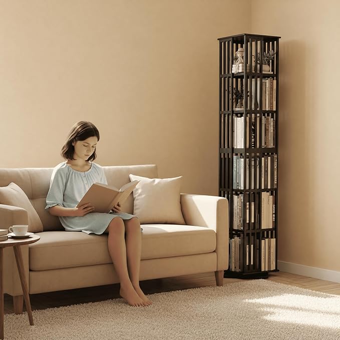 Lauxery Rotating Bookshelf– 6 Tier 360° Bamboo Revolving Bookcase, Spinning Corner Bookshelf, Space-Saving Book Shelf Tower for Small Spaces, Home Office, Living Room Vertical Storage– Black