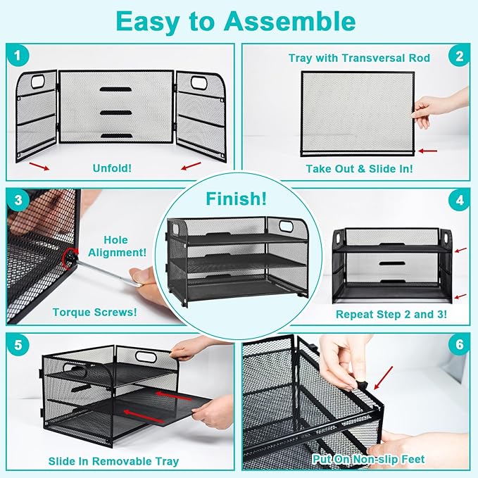 SAYEEC 3 Tier Paper Organizer Letter Tray with Handle Black Mesh Desk File Organizer with 1 Sliding Tray and 160 Paperclips Metal File Folder Holder Document Mail Paper Sorter for Office Home School