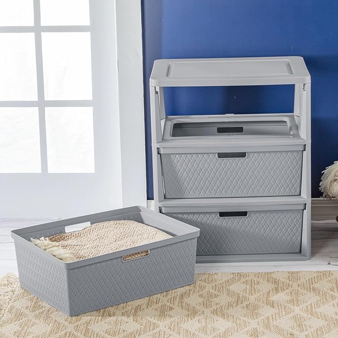 Gray Storage Drawer, 3 Drawer Plastic Weave Wide Tower with Pull Handles