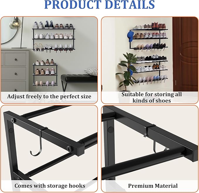 4 Pack Wall Mounted Shoe Rack, 3 Tier Hanging Shoe Rack Holds 48 Pairs, 17"-30"Adjustable Heavy Duty Metal Shoe Organizer Holder with 8 Storage Hooks, Space Saving for Closet Entryway Doorway(Black)