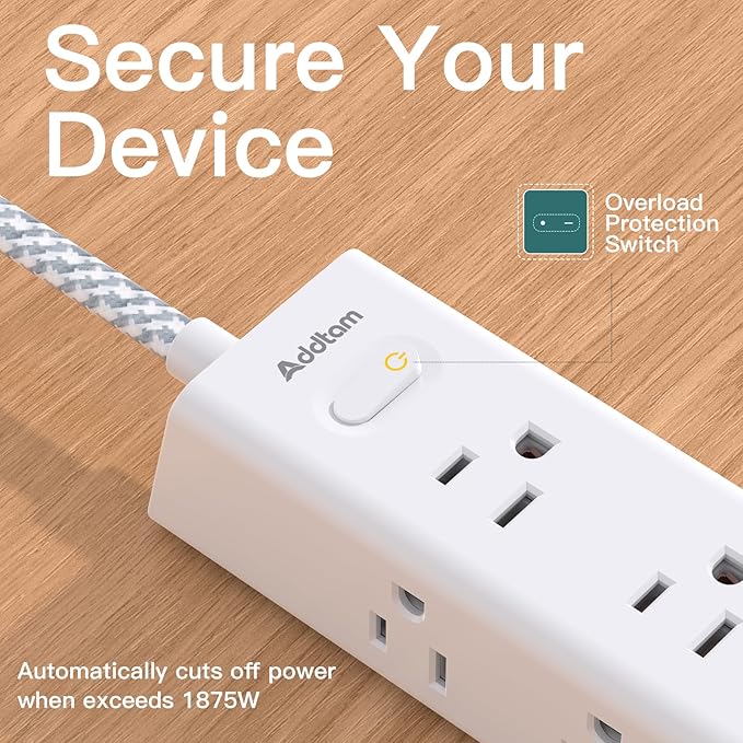 Addtam Power Strip Surge Protector with 12 AC Outlets & 4 USB Ports, 25FT Extra Long Extension Cord, Flat Plug Wall Mount, 1050J, Outlet Extender for Garage Workshop Basement Office, ETL Listed, White
