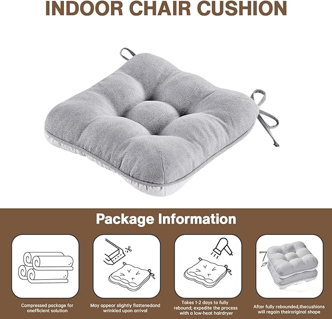 BETU Chair Cushions for Dining Chairs Set of 4,3.5" Thick Kitchen Table Chair Pads with Ties,Non Slip Backing and Covers, Seat Cushion for Dining Room,Bar,Patio Chairs,15.5"X15.5"X3.5",Light Grey