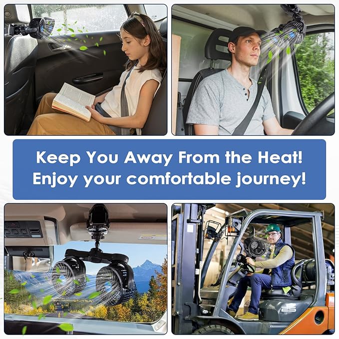 XOOL Clip Car Fan, Adjustable Dual Head 4 Inches 12V Fan for Front/Rear Seat Passenger, 360° Rotatable Electric Car Cooling Fans with Stepless Speed Regulation for SUV, RV, Vehicles
