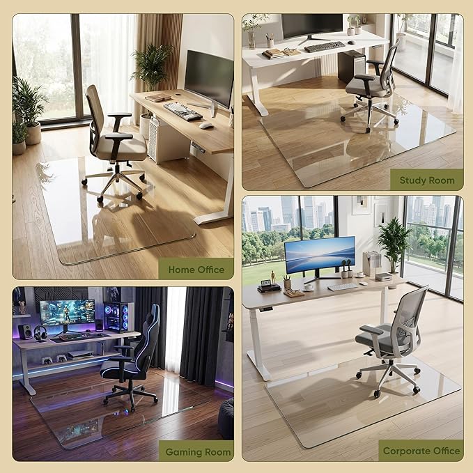 Tempered Glass Chair Mat for Hardwood Floor, 32" x 48" Heavy Duty Glass Office Chair Mat, for Low Pile Carpet, 0.2" Thick with 4 Non-Slip Pads, Smooth Rolling for Home & Office