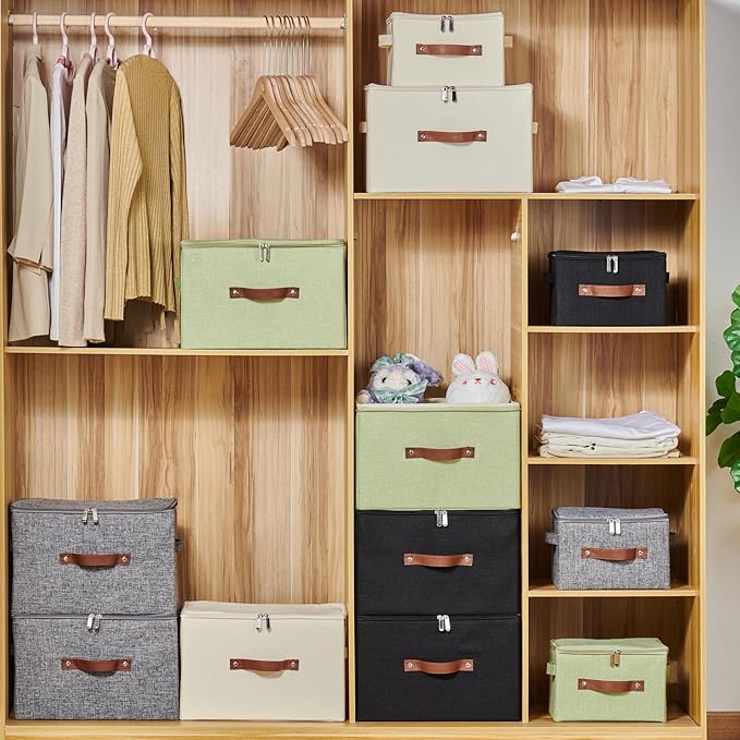 Storage Bins with Zipper Lid Cotton Linen Fabric Lidded Storage Baskets Boxes Foldable Washable Closet Shelf Clothes Organizer Container with PU Leather Handles (Green, Small Size)