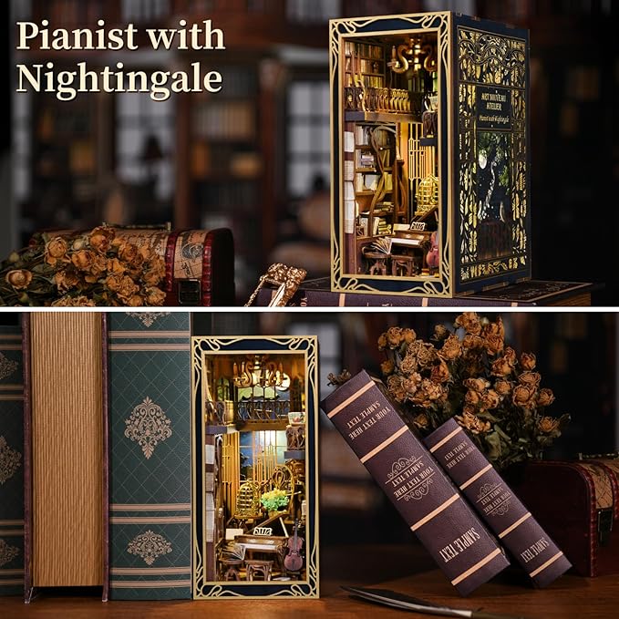 MiniCity DIY Book Nook Kit, Miniature Dollhouse Booknook Kit, 3D Wooden Puzzle Bookend Bookshelf Insert Decor with LED Light for Teens and Adults (Pianist with Nightingale)