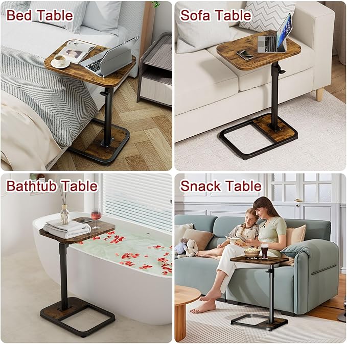 GOYLSER C-Shaped Tables Small Swivel End Table, Height Adjustable Side Tables Living Room, Rotating Snack Couch Wooden Tv Trays for Eating On Couch, Rustic Brown