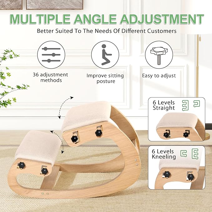 Predawn Adjustable Ergonomic Kneeling Chair ā Custom Height Rocking Posture Stool with Thick Cushions, Solid Wood Frame, Knee Support Seat for Adults, Office or Meditation Use(White Oak)